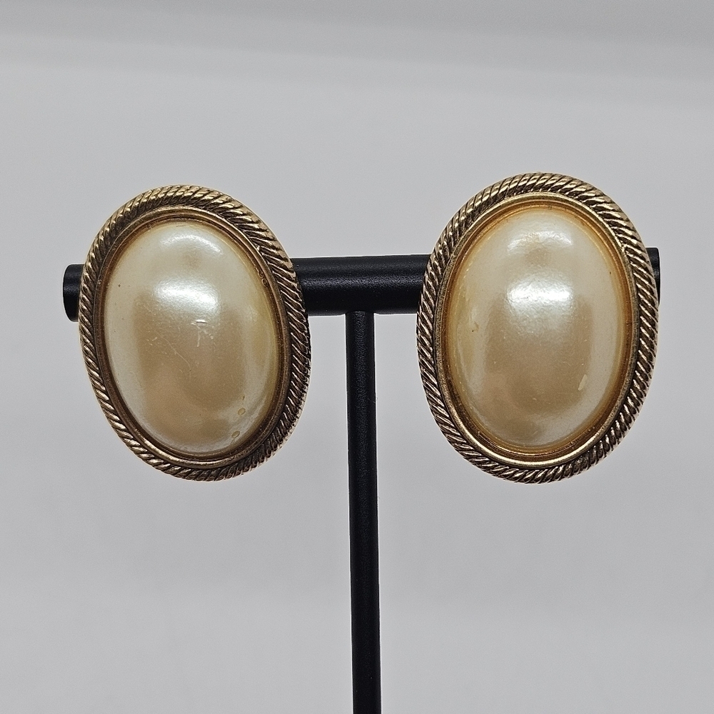 large gold tone faux pearl oval earrings
